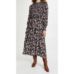 By The River Smocked Puff Sleeves Prairie Feminine Retro Maxi Dress Women's LG